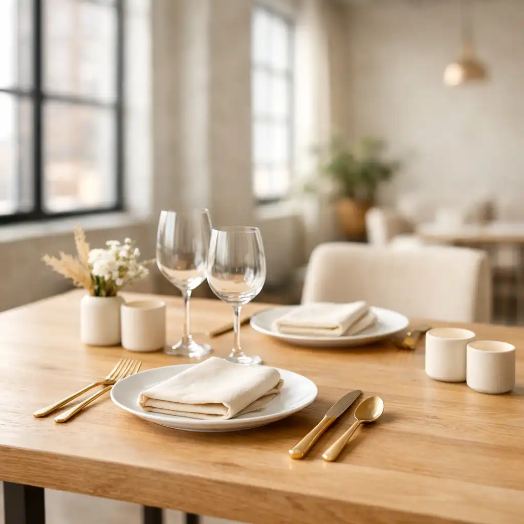 Elegancko nakryty stół w jasnym wnętrzu restauracji